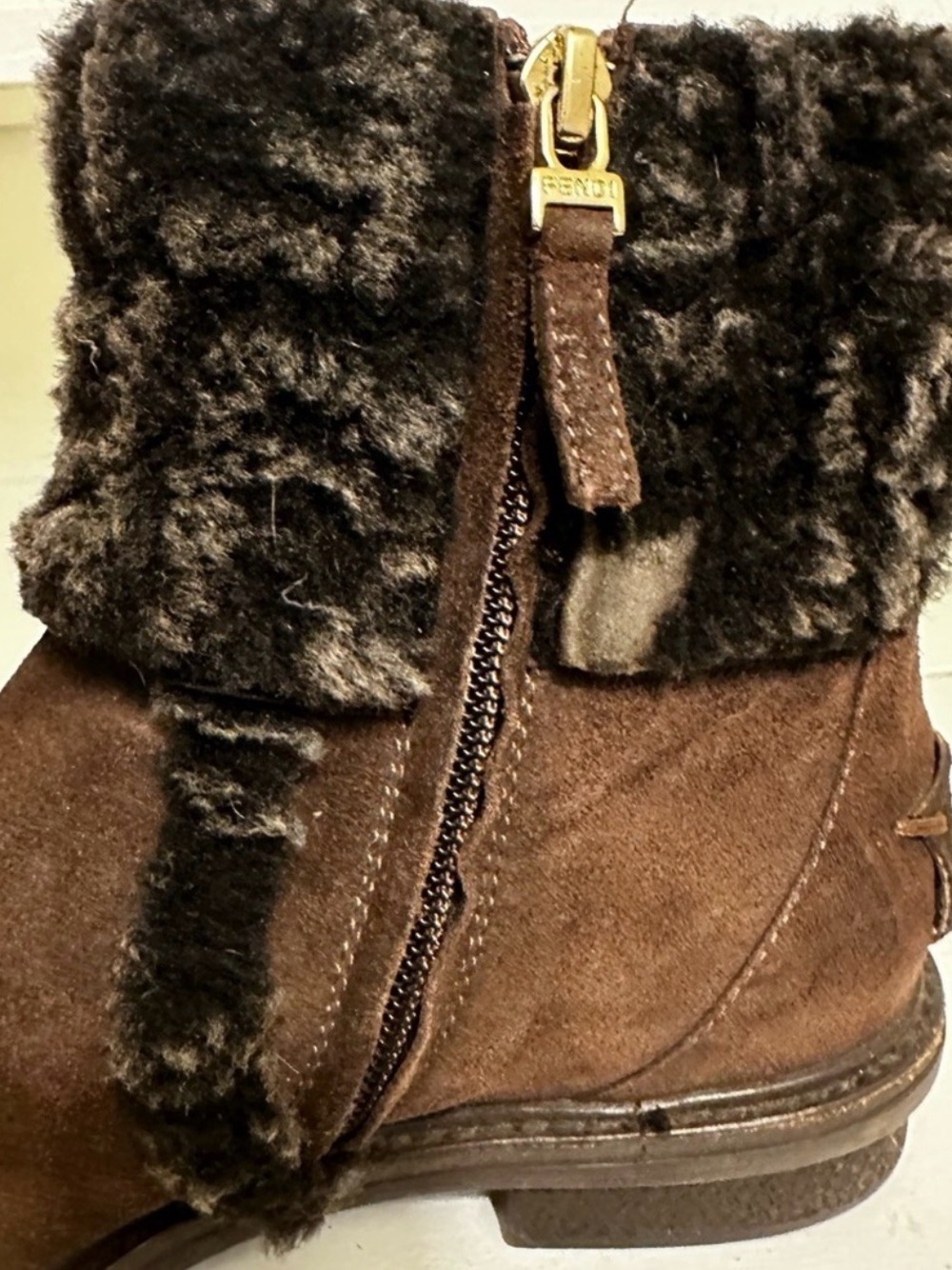 Fendi Zucca FF Logo Shearling Cuff Suede Ankle Boots Brown IT 36.5 US 5.5 - Picture 16 of 16